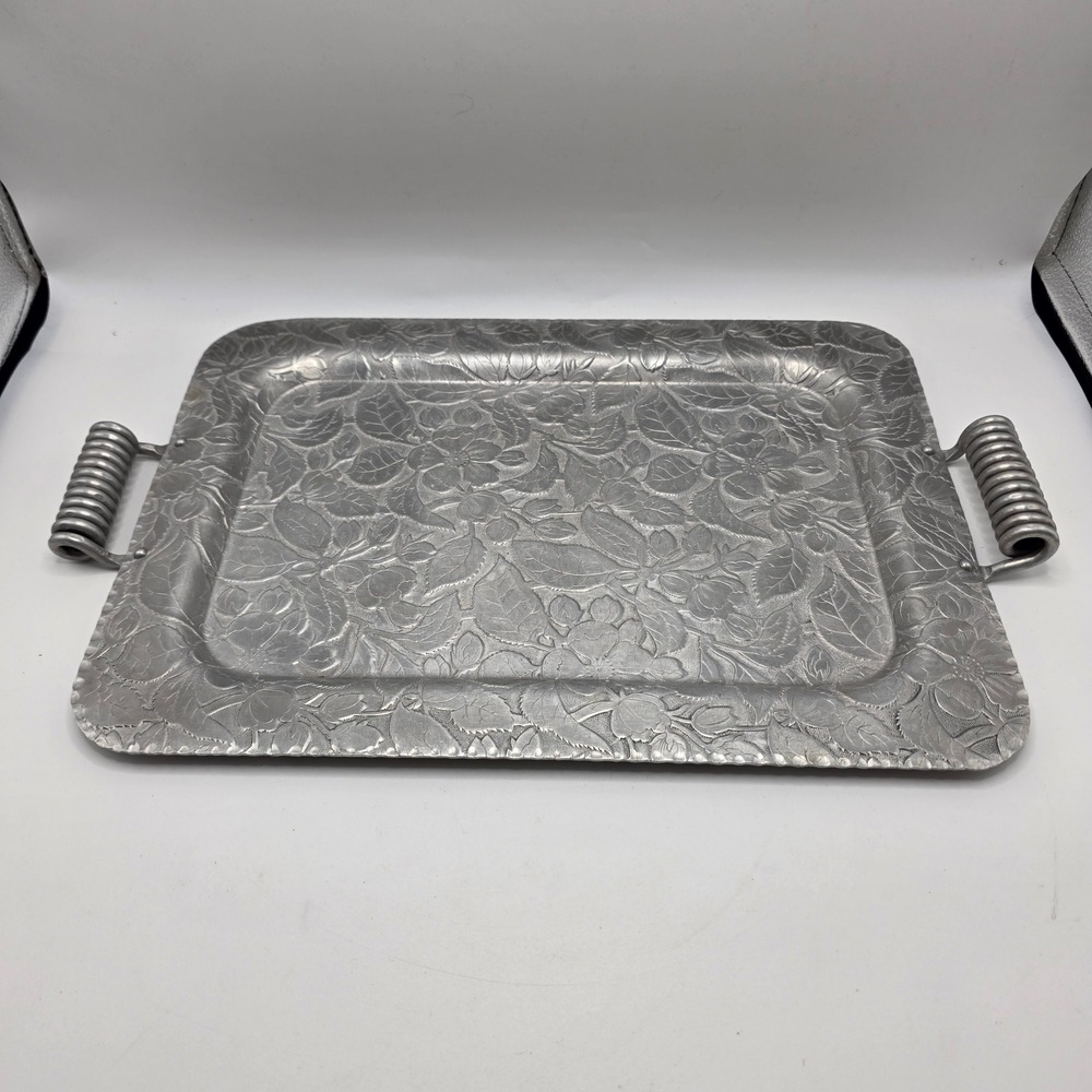 Vintage Serving Tray Aluminum Silver Floral Embossed Spring‎ Handle Large Decor
